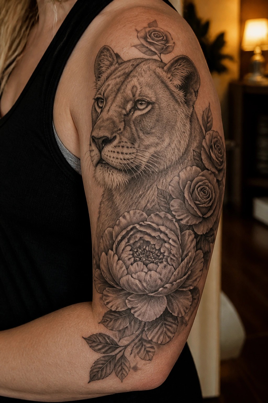 Realistic black and grey lioness tattoo with roses and a peony on a woman's upper arm and shoulder.