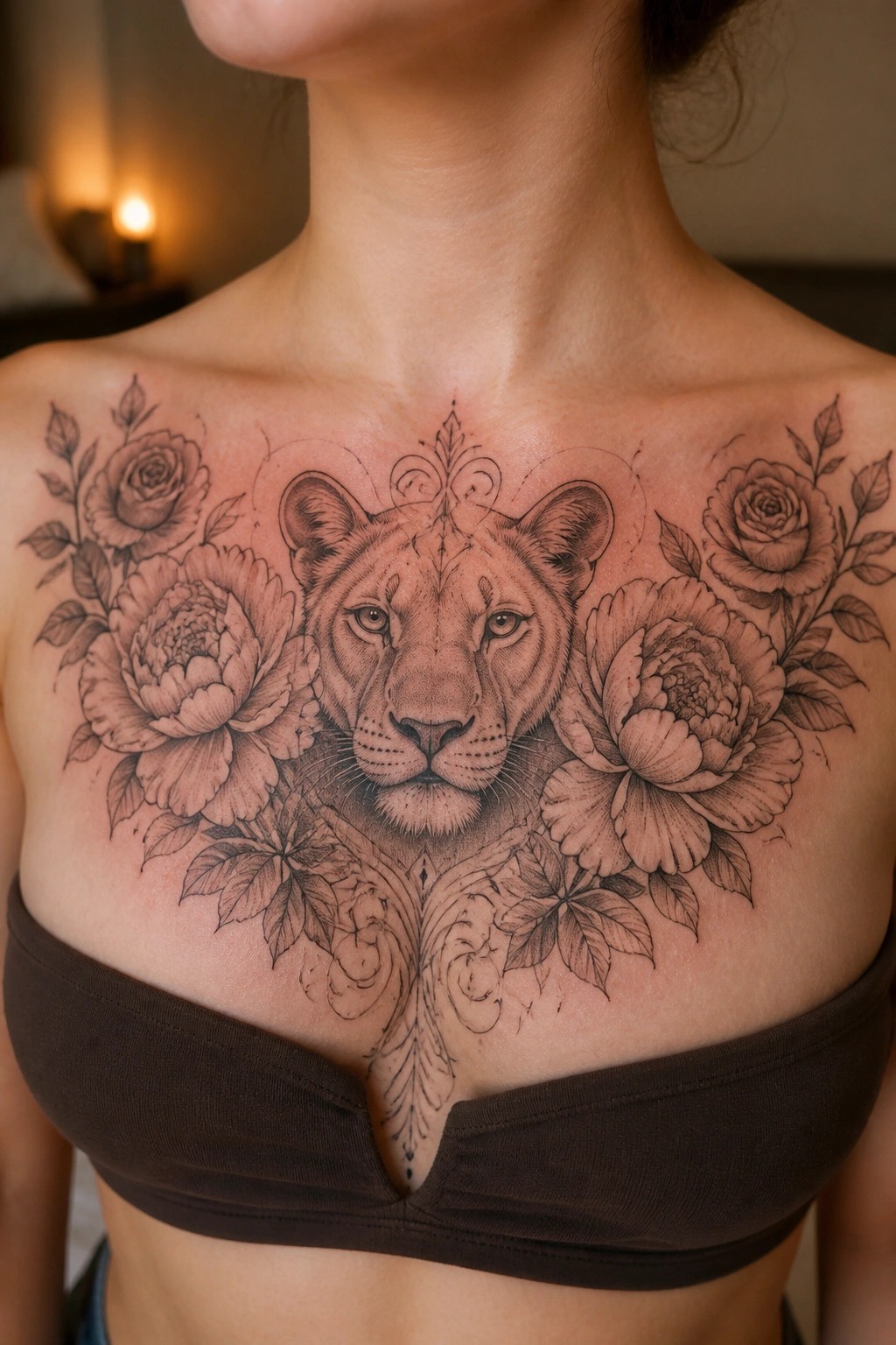 Black and grey lioness face tattoo with roses and peonies on the chest.