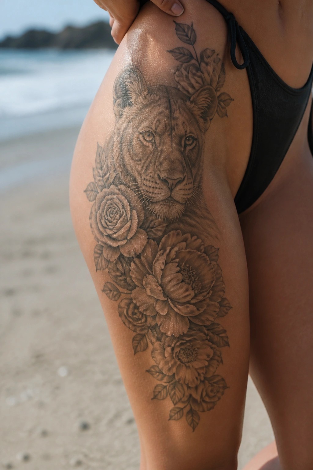 Tanned thigh in black bikini with detailed lioness and rose tattoo near ocean.
