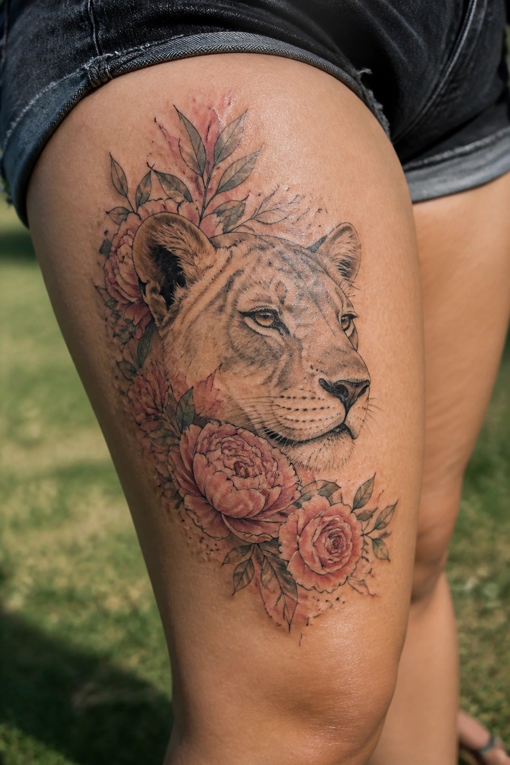 Lioness tattoo with pink peonies and roses on thigh under denim shorts