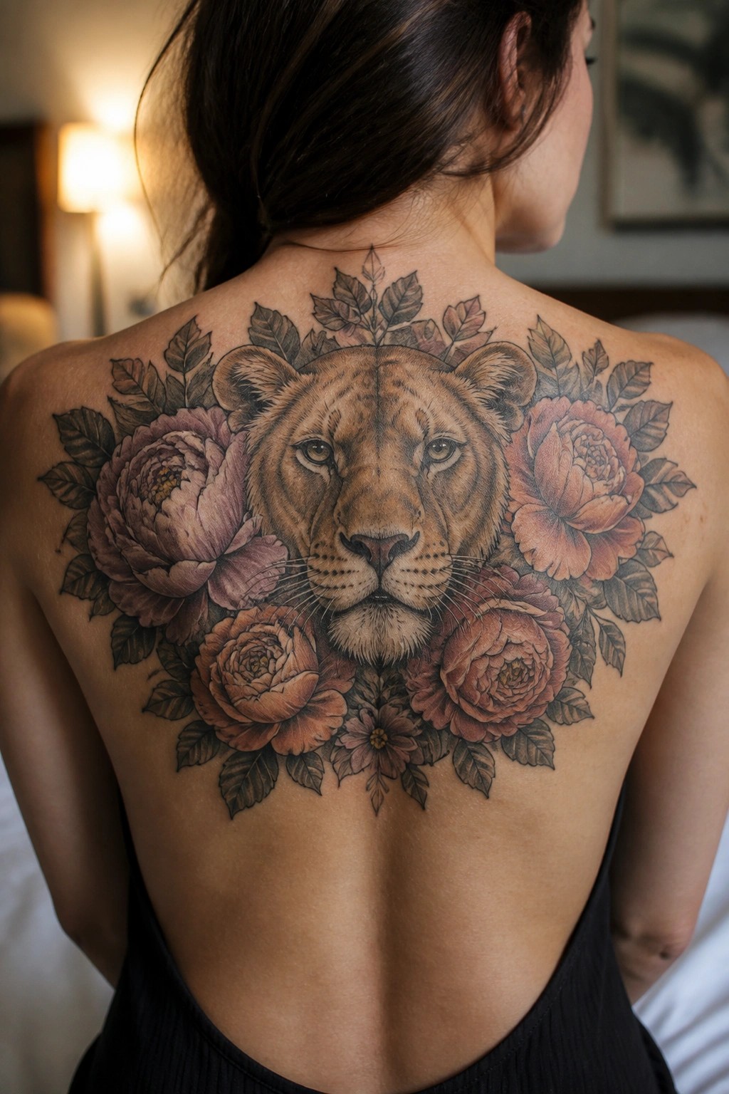 Woman's upper back with large lion face tattoo amid purple and orange flowers.