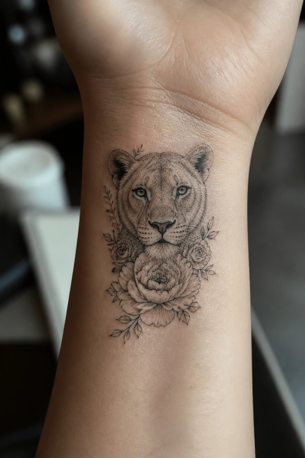 Detailed black-and-grey lioness tattoo with roses and leaves on wrist