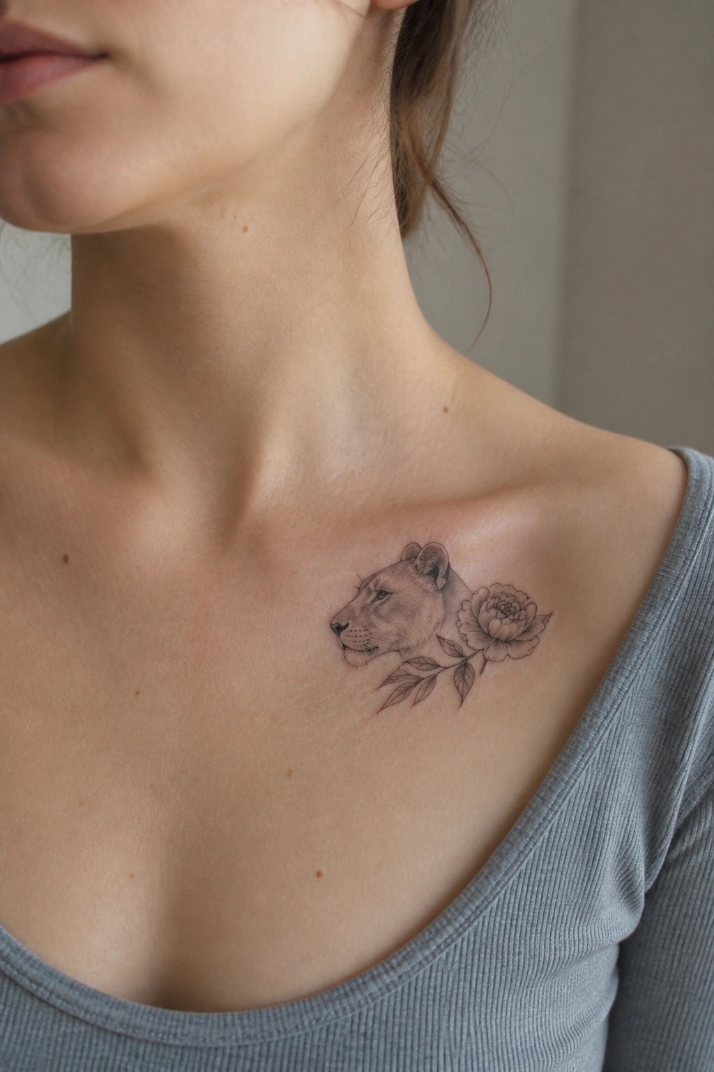 Lioness and flower tattoo on woman's shoulder in gray top