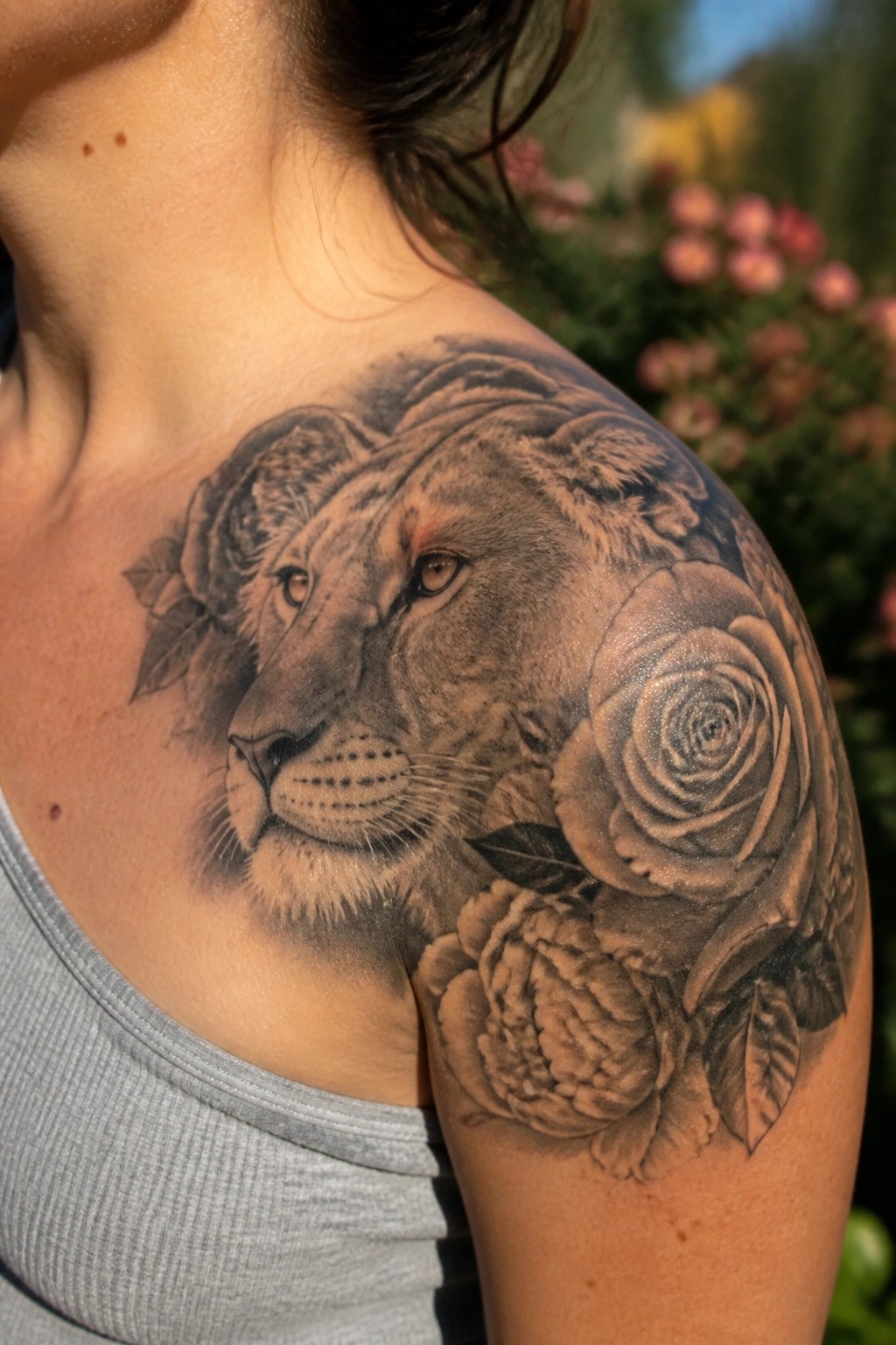 Large lioness and rose tattoo on shoulder above gray tank top