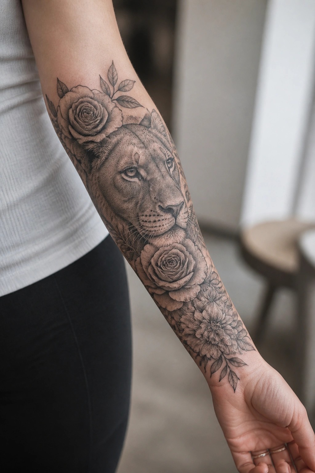 Intricate black-and-gray lion head tattoo with roses on a forearm.