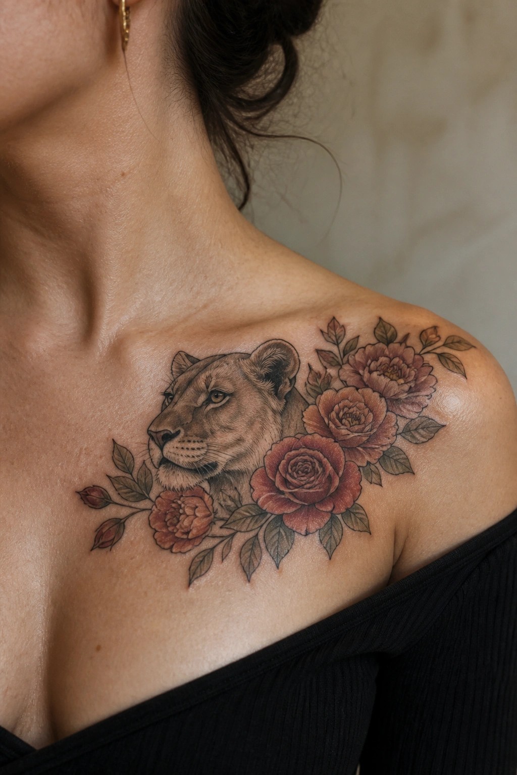 Lioness with red roses and leaves tattooed on woman's shoulder and chest