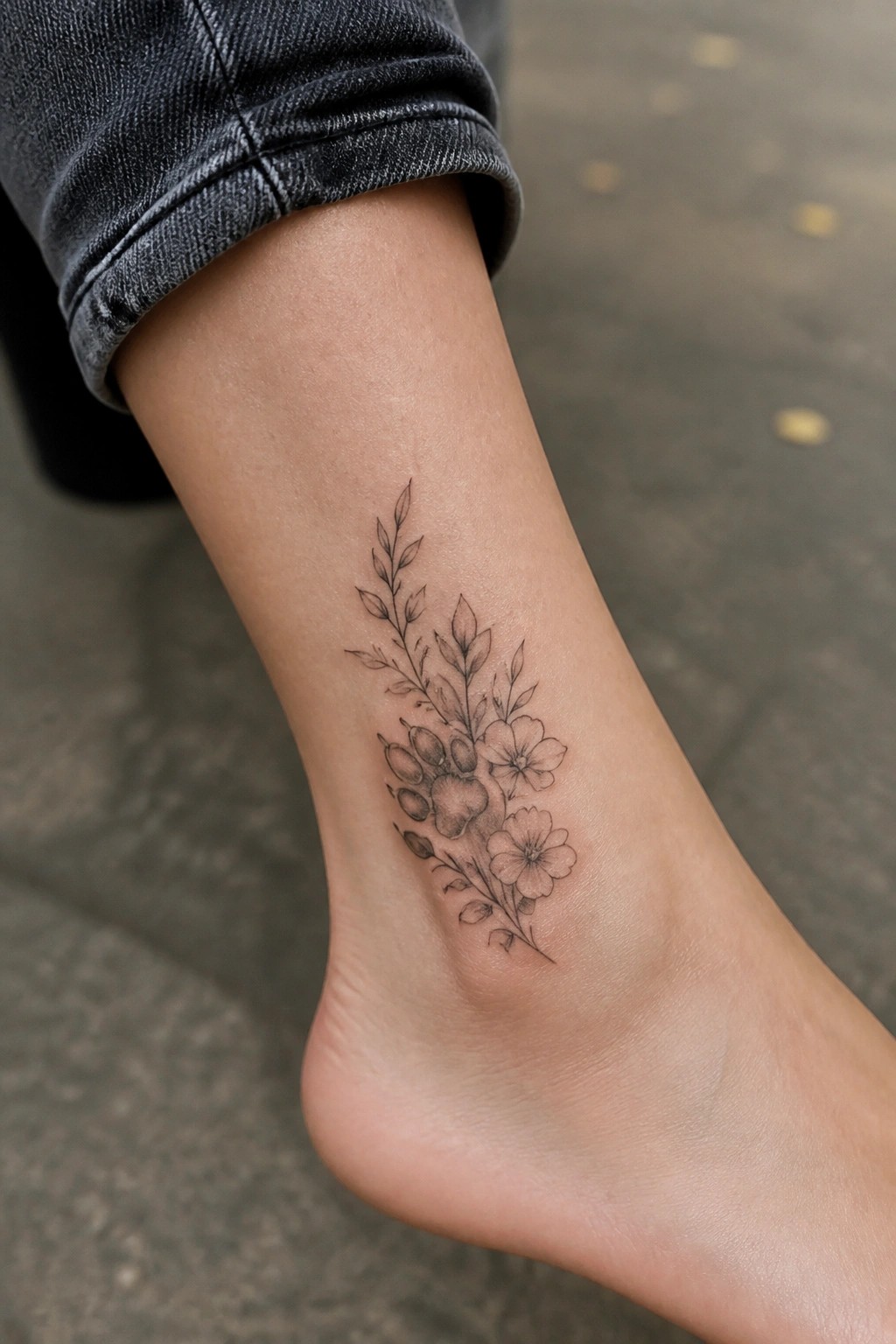 Fine line tattoo on the ankle with a central paw print surrounded by small flowers and leafy stems in black ink.