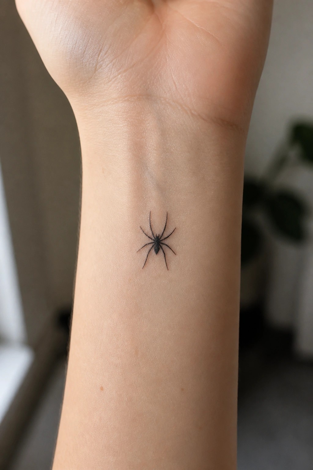 Small black spider tattoo on the inner wrist with fine line details