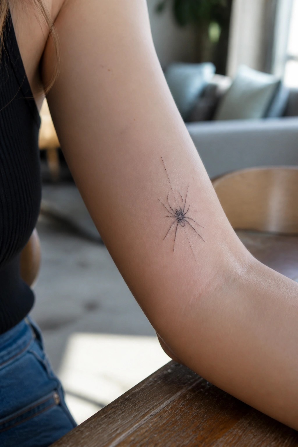 Spider tattoo on forearm of person in black top and blue jeans