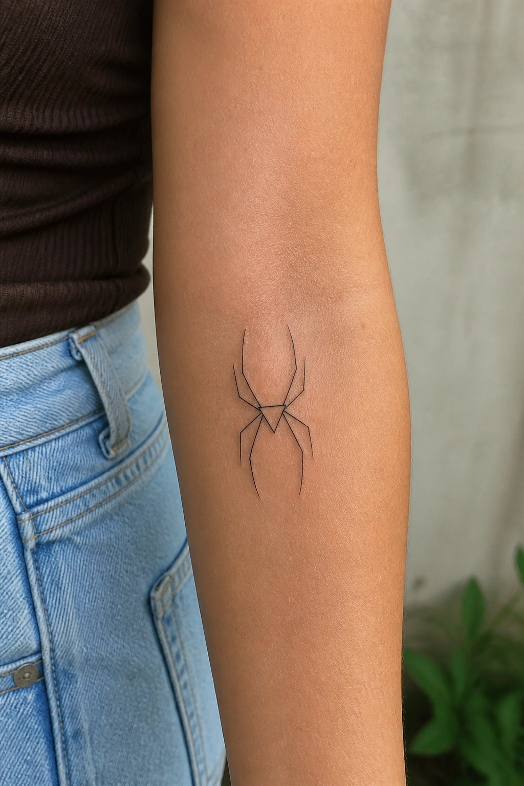 Minimalist black line spider tattoo on the inner forearm showing a small triangular body and thin legs.