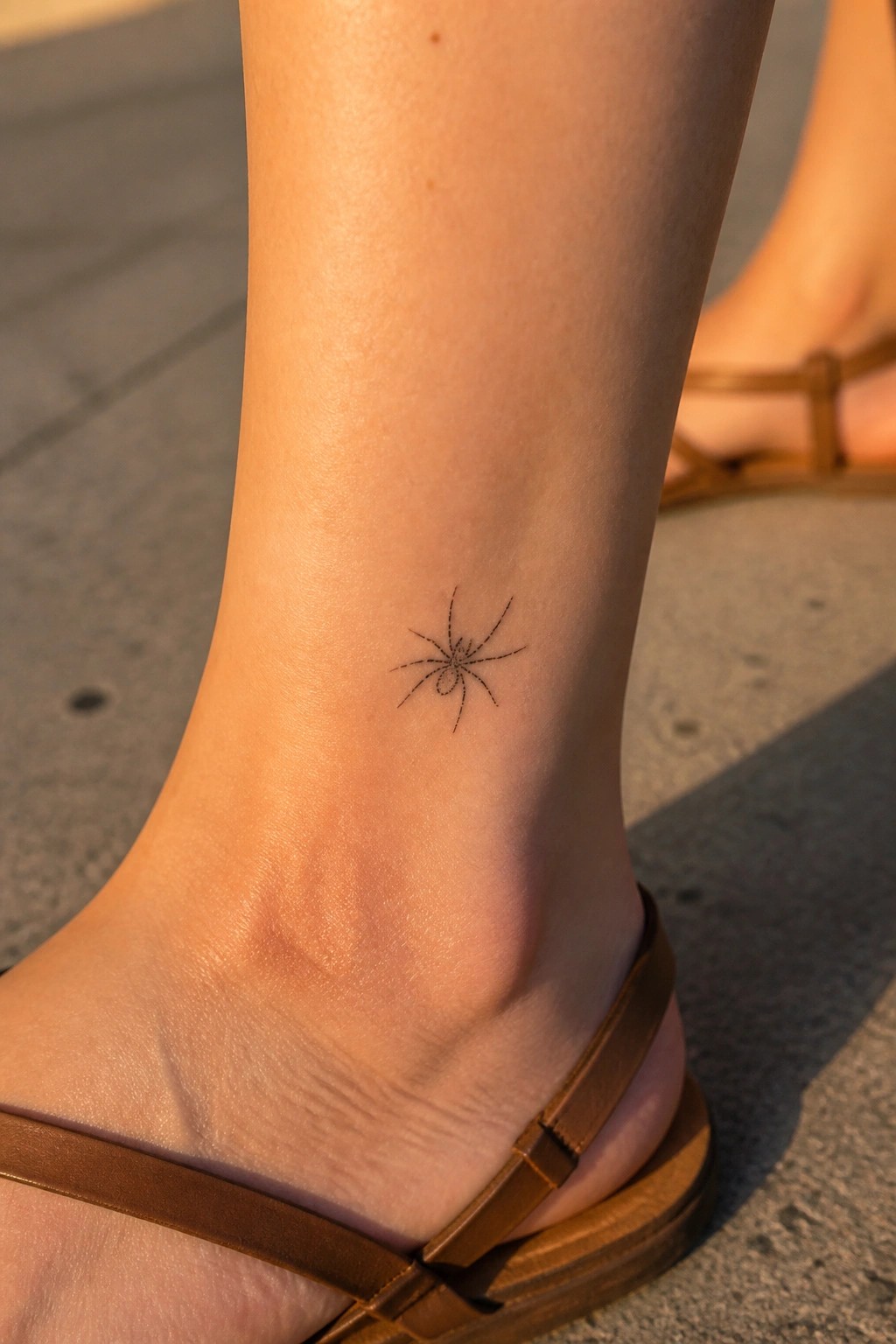 Small spider tattoo on ankle above brown leather sandal on pavement.
