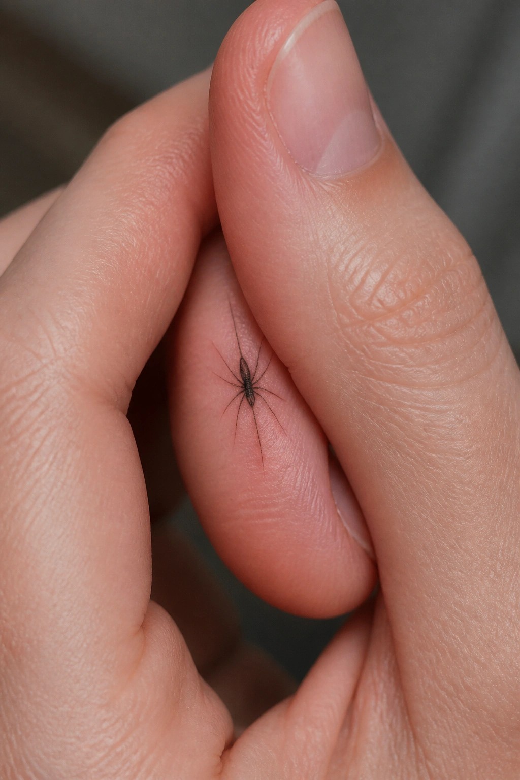 Close up of a tiny spider tattoo on the side of a finger with thin detailed legs