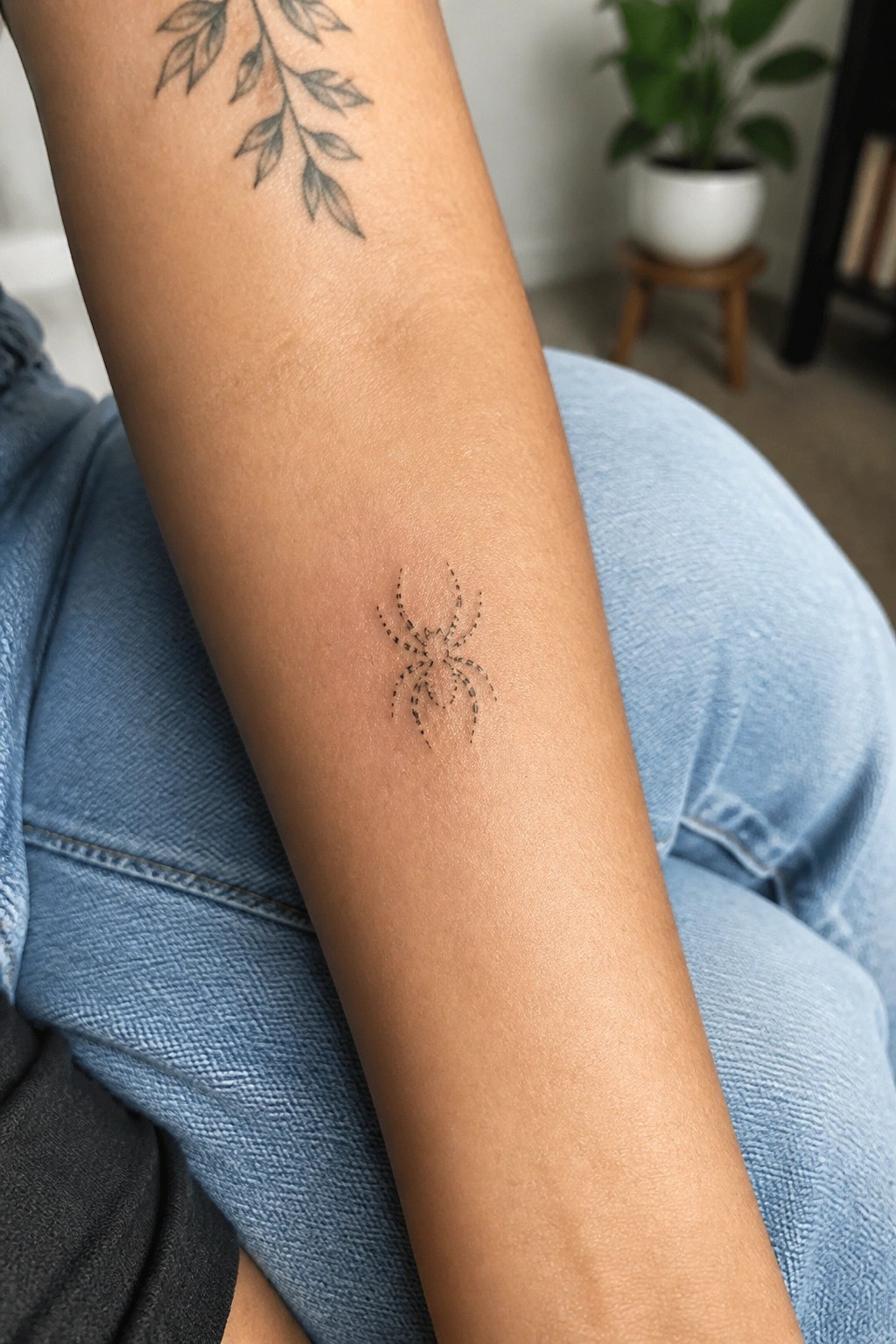 Small dotted spider tattoo on the inner forearm with a leaf branch above it.