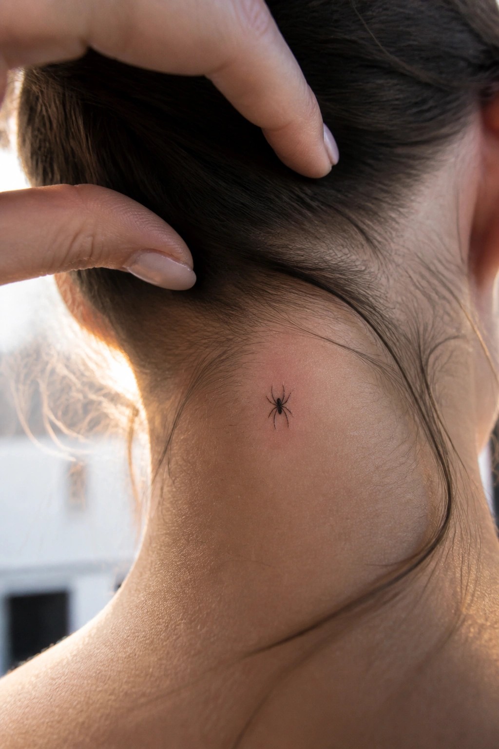 Small black spider tattoo on the nape of the neck below the hairline