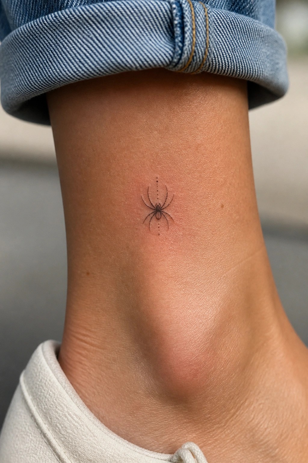 Tiny black spider tattoo on ankle below rolled blue denim jeans cuff