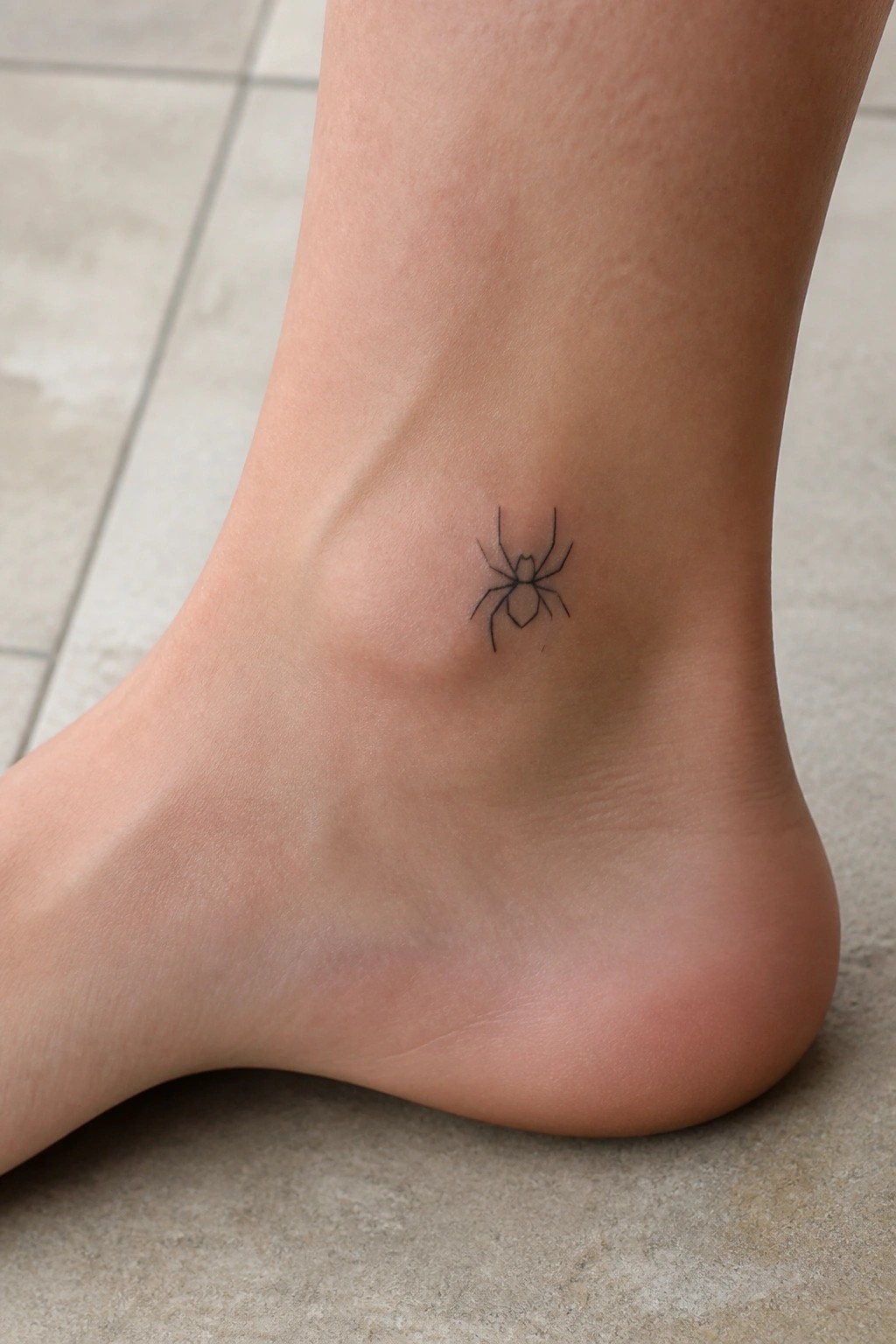 Minimalist black line spider tattoo on the outer ankle