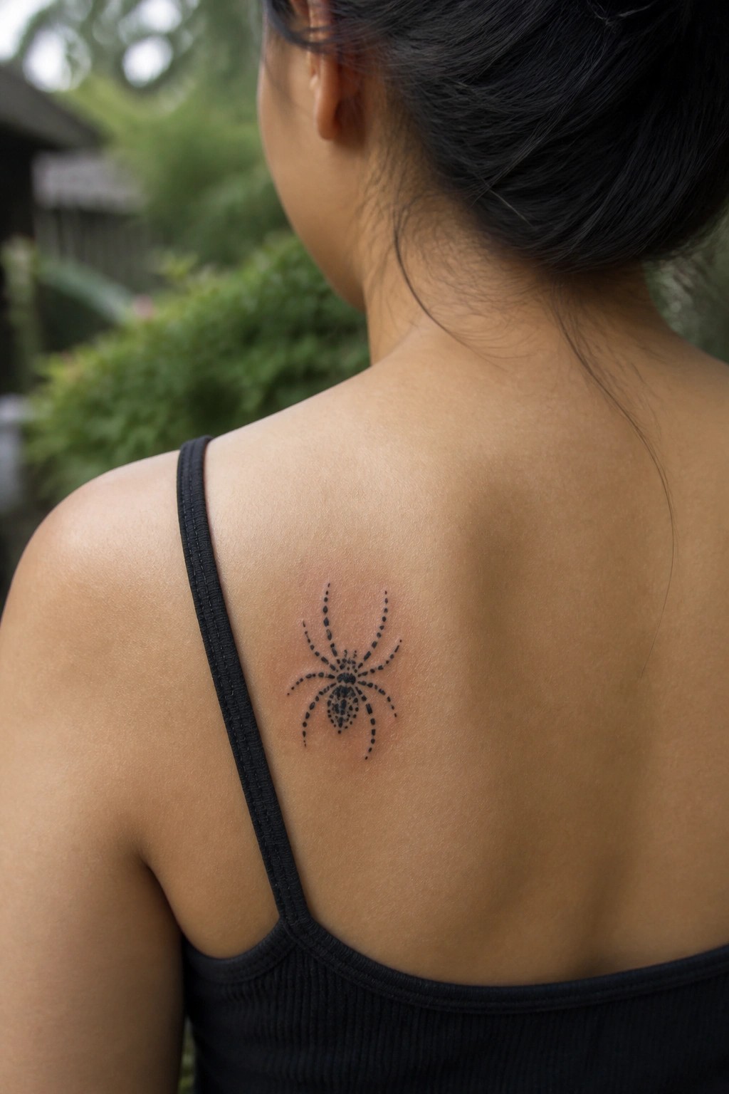 Woman's back with black spider tattoo on shoulder, wearing black tank top.