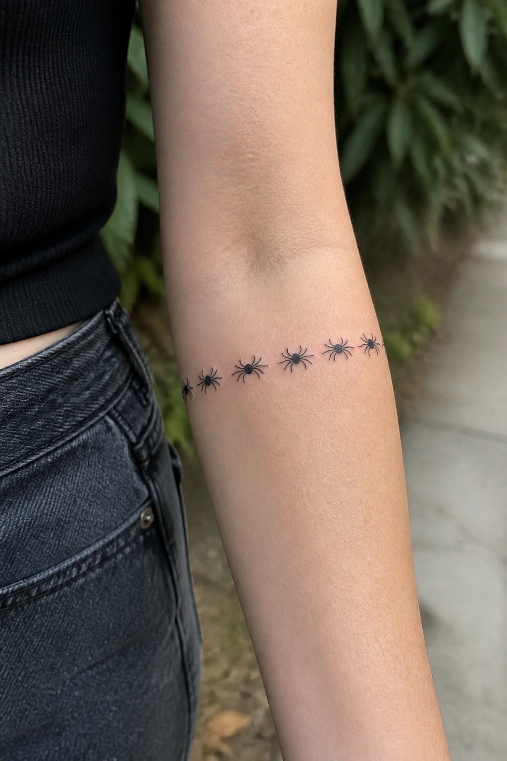 Arm with curved row of small black spider tattoos above gray jeans and black top