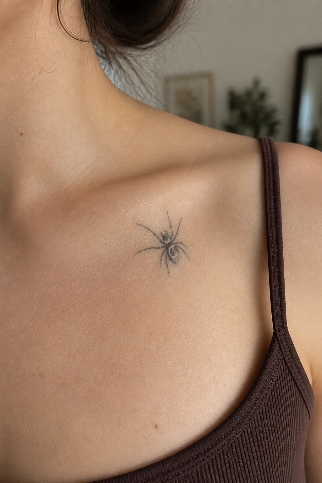 Small black spider tattoo on shoulder above brown tank top strap