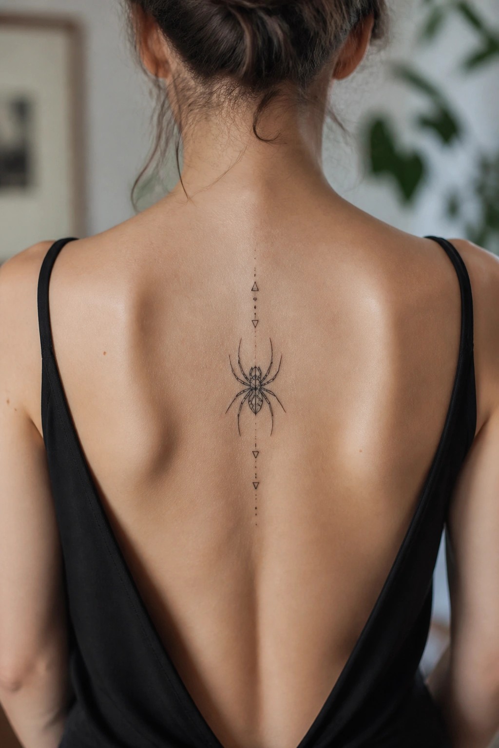 Woman's back in black top with spider and geometric line tattoo on spine