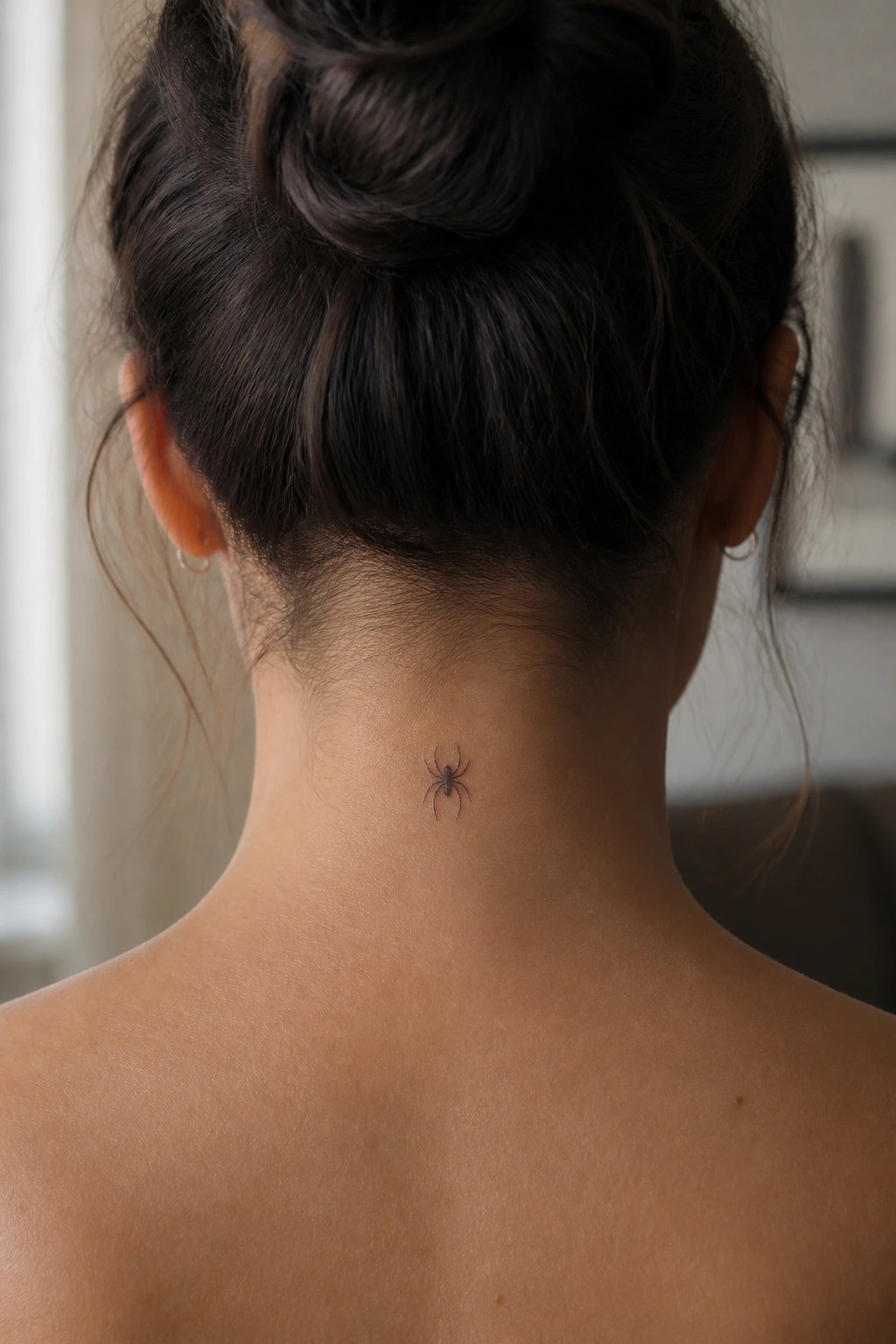 Small spider tattoo placed on the back of a woman's neck below her hair bun.