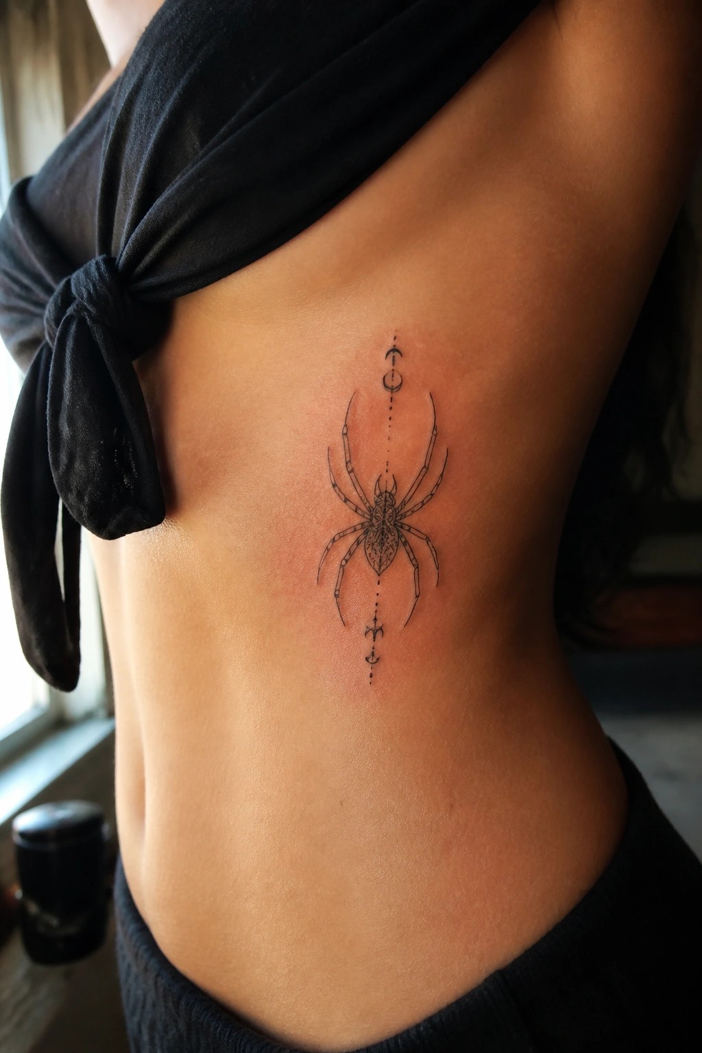 Spider tattoo with moon phases on bare midriff under knotted black top