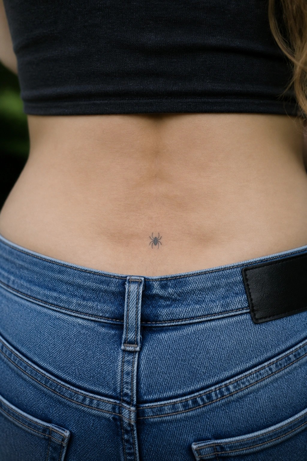Small spider tattoo on lower abdomen above blue denim jeans waistband