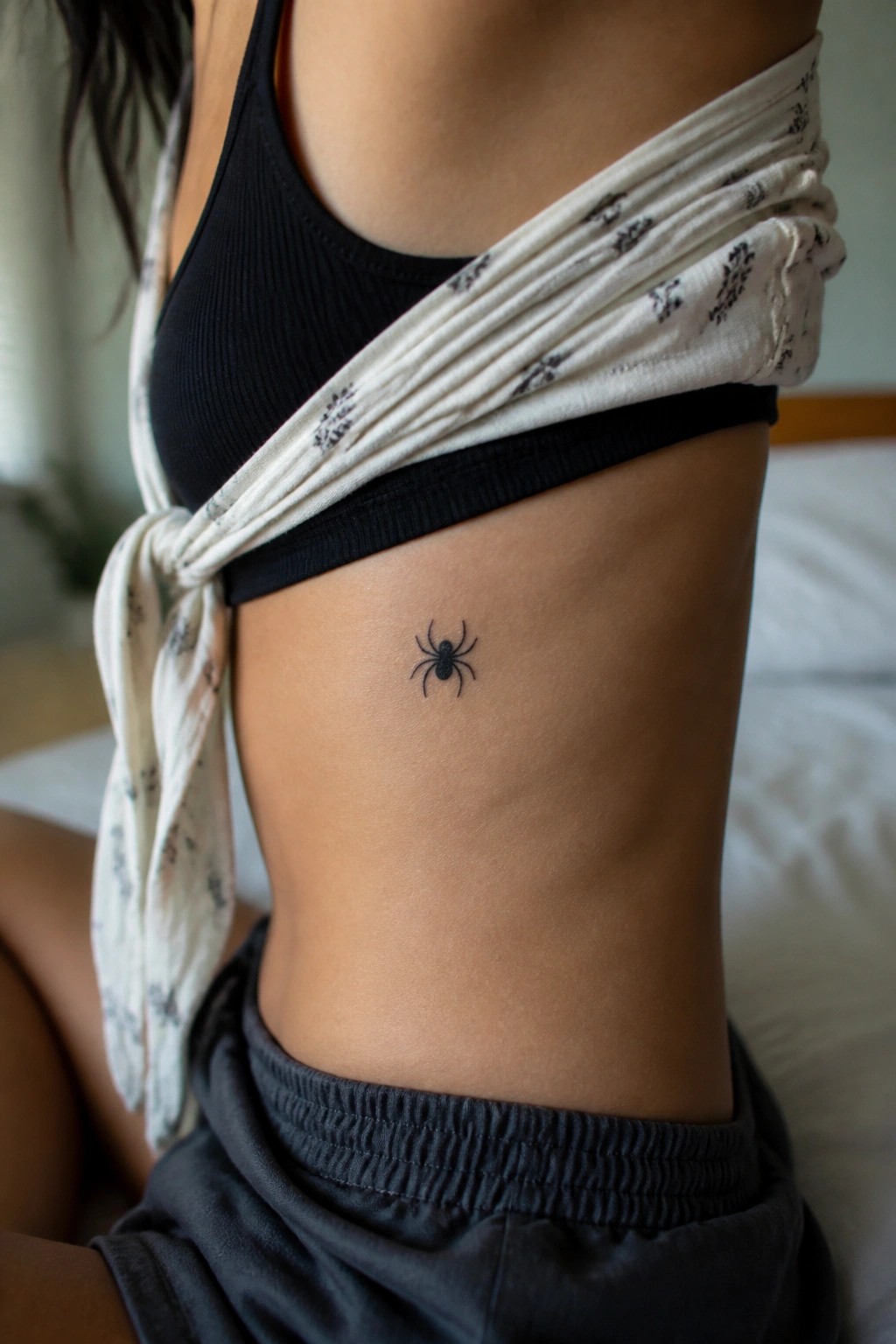 Small black spider tattoo on the side of a torso near the ribs.