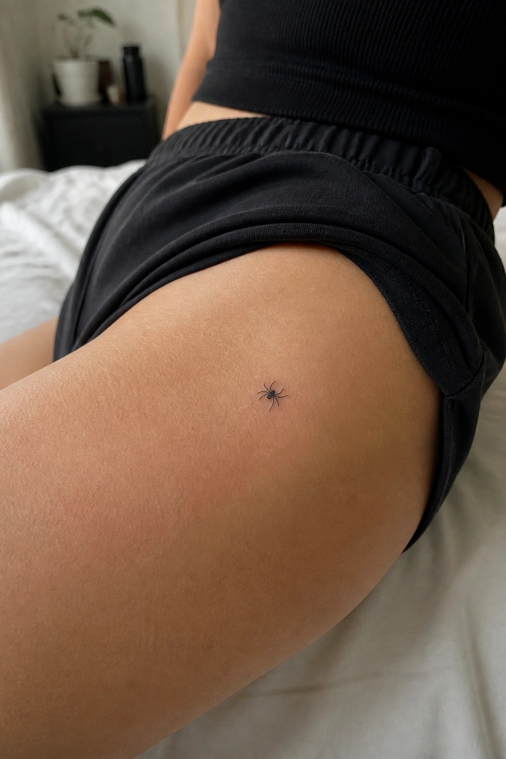 Small black spider tattoo in fine lines on the upper thigh of a person wearing black shorts.