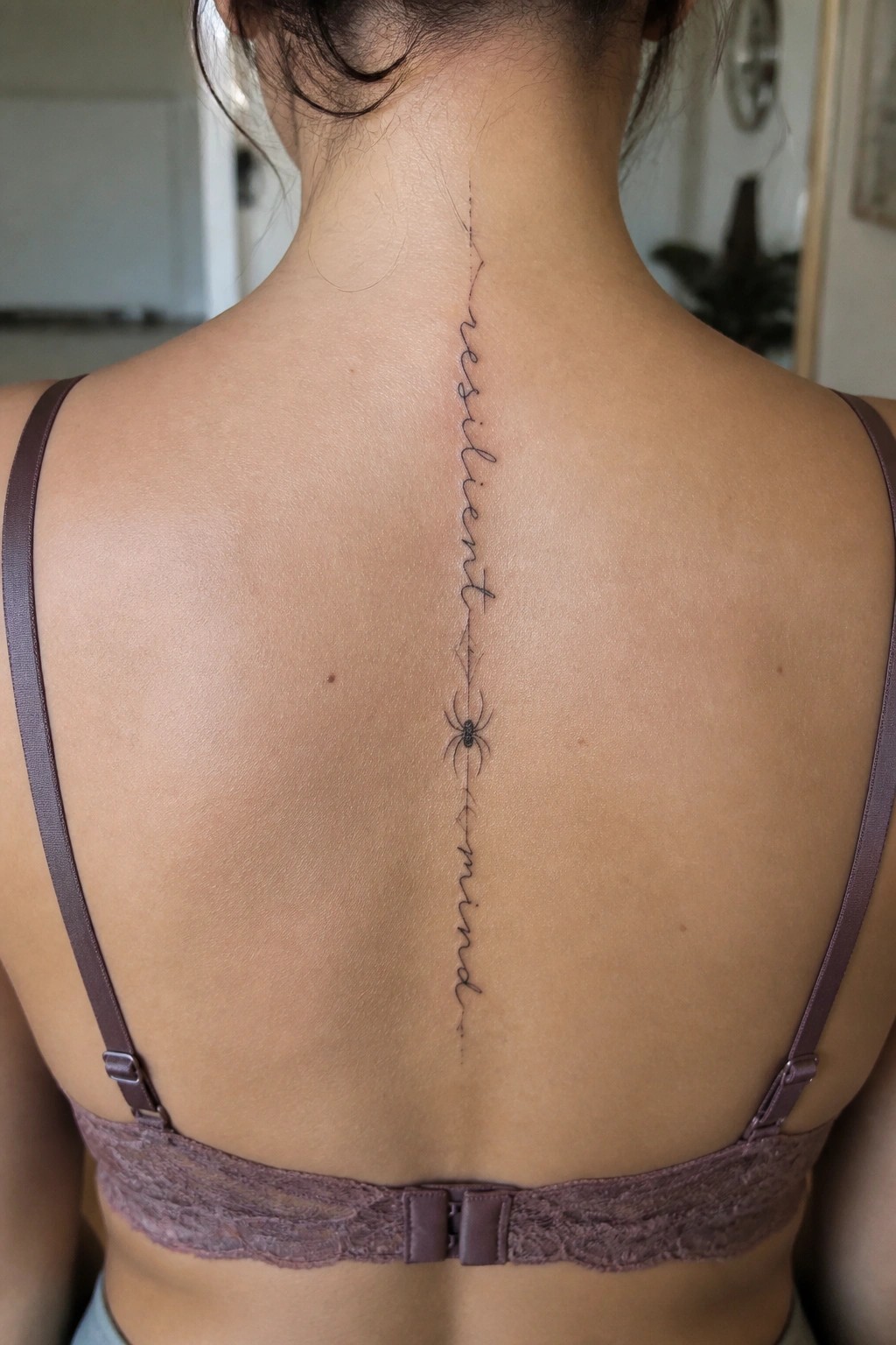 Vertical spine tattoo with the phrase resilient mind in fine script and a small spider centered on the back.