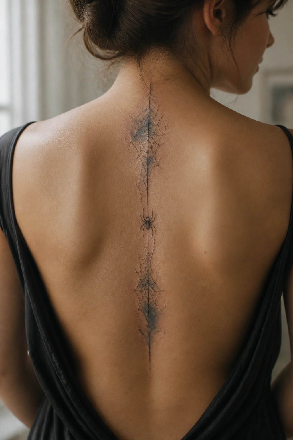 Woman's back with spiderweb tattoo and spider along spine in black top.