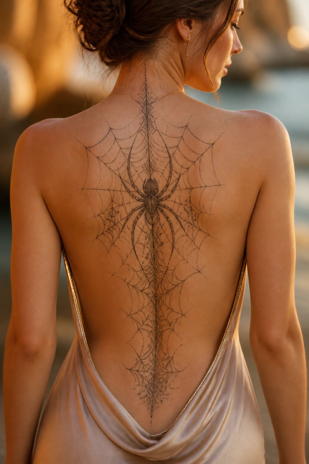 A large black spider web tattoo centered along a woman's spine with a spider in the middle, extending from neck to lower back.