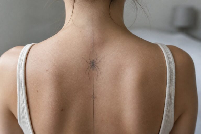 22 Sleek Spine Spider Tattoo Ideas for Women That Follow a Vertical Web-Like Flow Fine line spider tattoo centered vertically on a woman's spine with a thin line extending upward and downward.