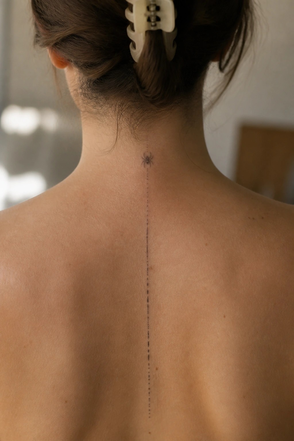 Bare back with spider tattoo and dotted line running down spine, hair clipped up.
