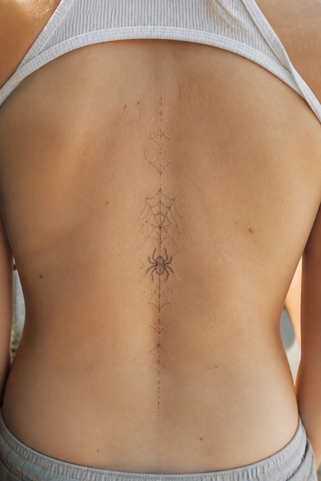 Spider and web tattoo along spine on bare back under white tank top.