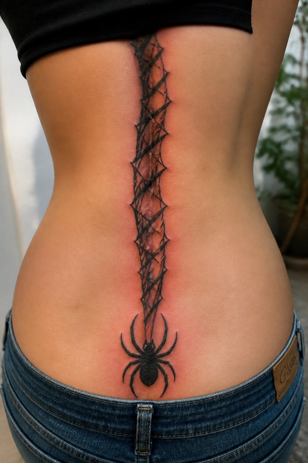 Spider web tattoo along spine with spider above blue jeans on red skin