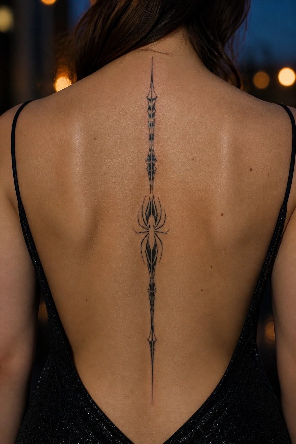 Woman's back with long symmetrical black spine tattoo featuring spider, black sequined dress.