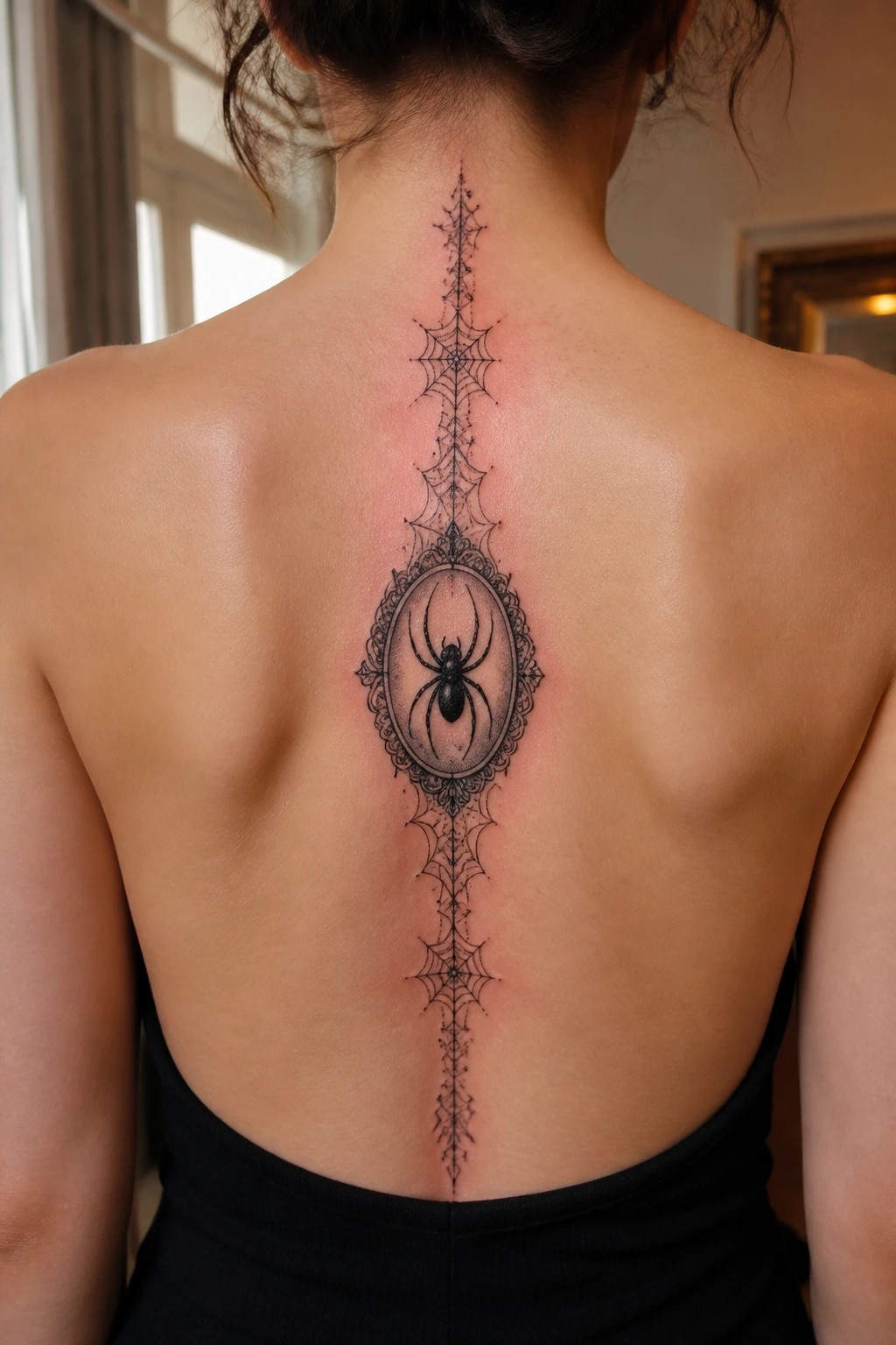 Woman's bare back with large black spider tattoo framed by ornate webs along spine.