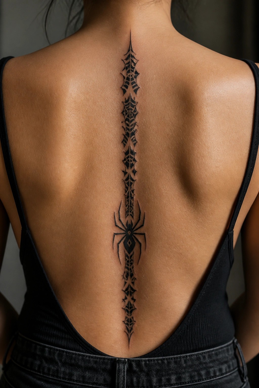 Black spider and geometric web tattoo running vertically down a woman's spine