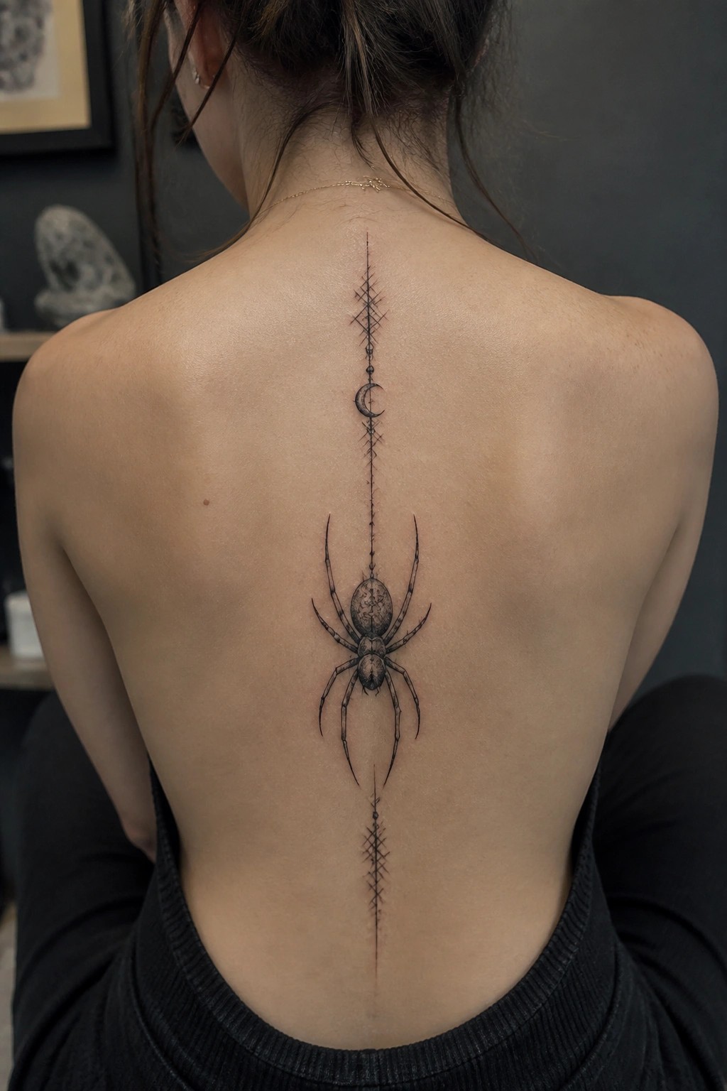Black and grey spider tattoo centered on a woman's spine with a vertical line of geometric patterns and a crescent moon above it.