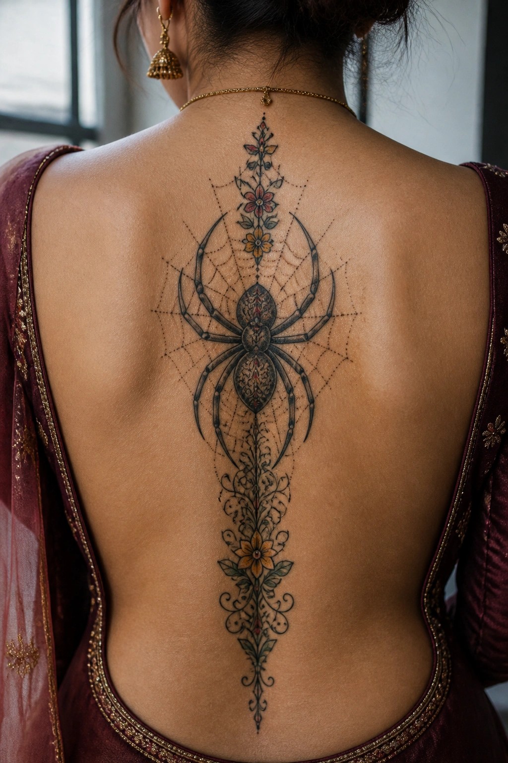 Woman's back with ornate spider-web tattoo and floral motifs on maroon velvet garment.