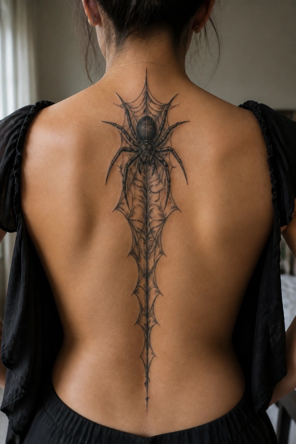 Woman's bare back with large black spiderweb tattoo down spine