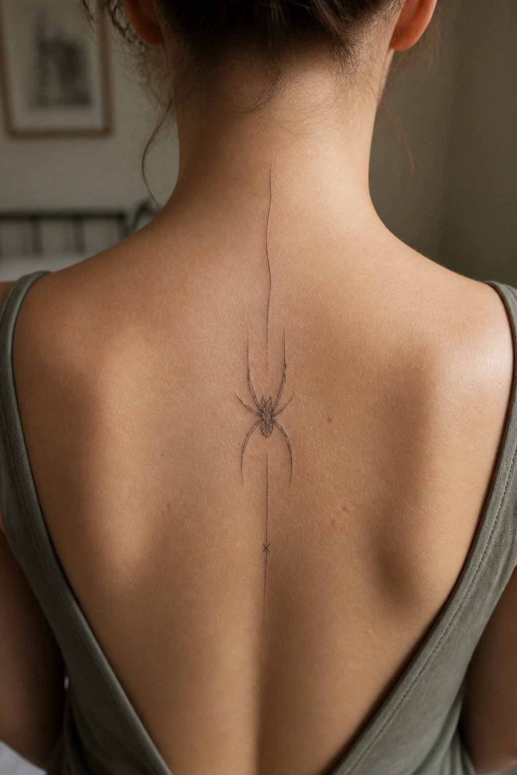 Fine line spider tattoo centered vertically on a woman's spine with a thin line extending upward and downward.