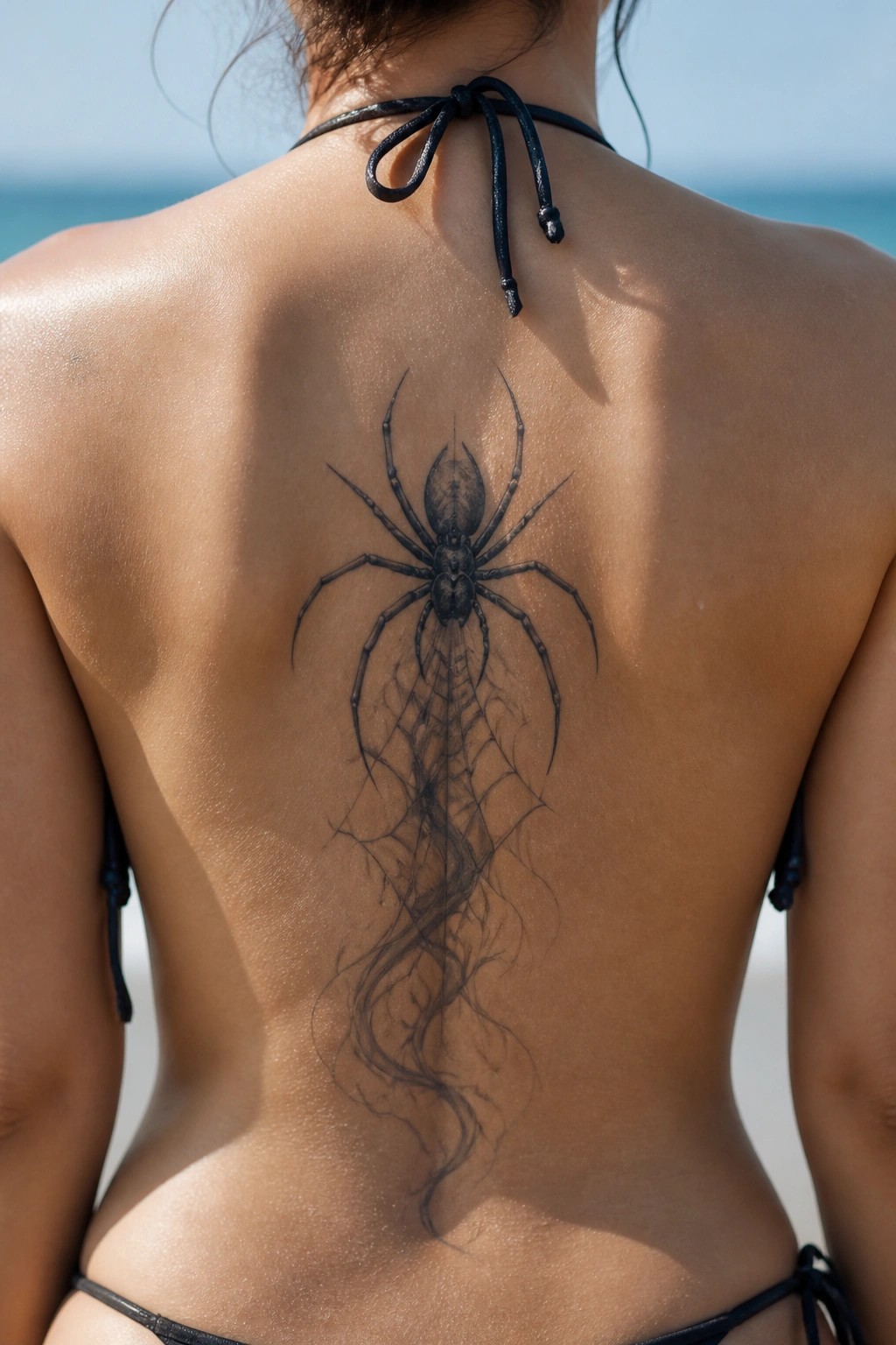 Woman's back with large black spider-web tattoo in black bikini at beach