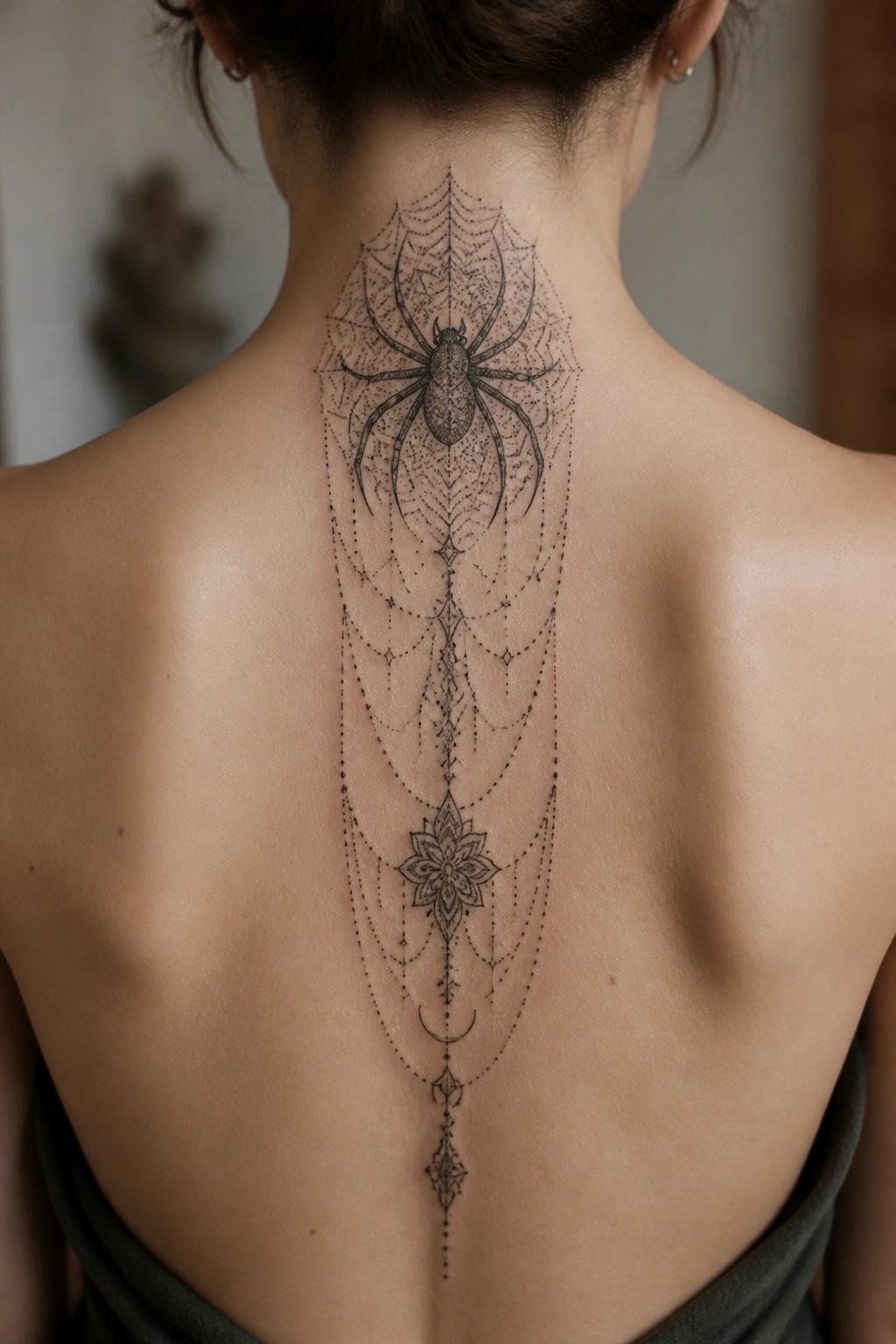 Intricate spider web tattoo with mandala design down a person's bare back