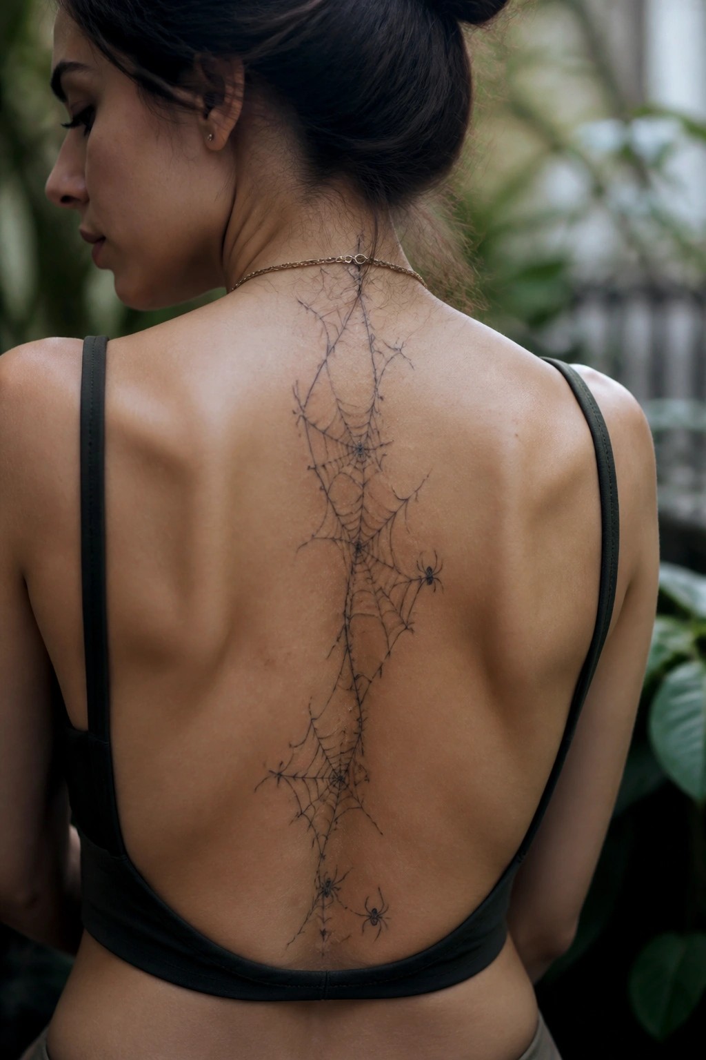 Woman's back with large spider web tattoo and spiders, black top, gold necklace.