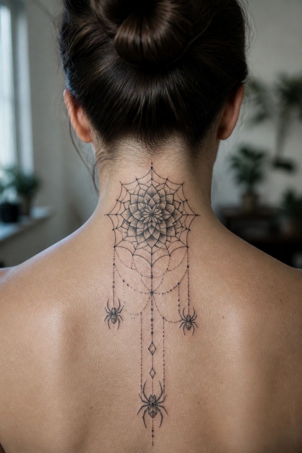 Black ink spider web tattoo on a woman's upper back with spiders hanging vertically along the spine