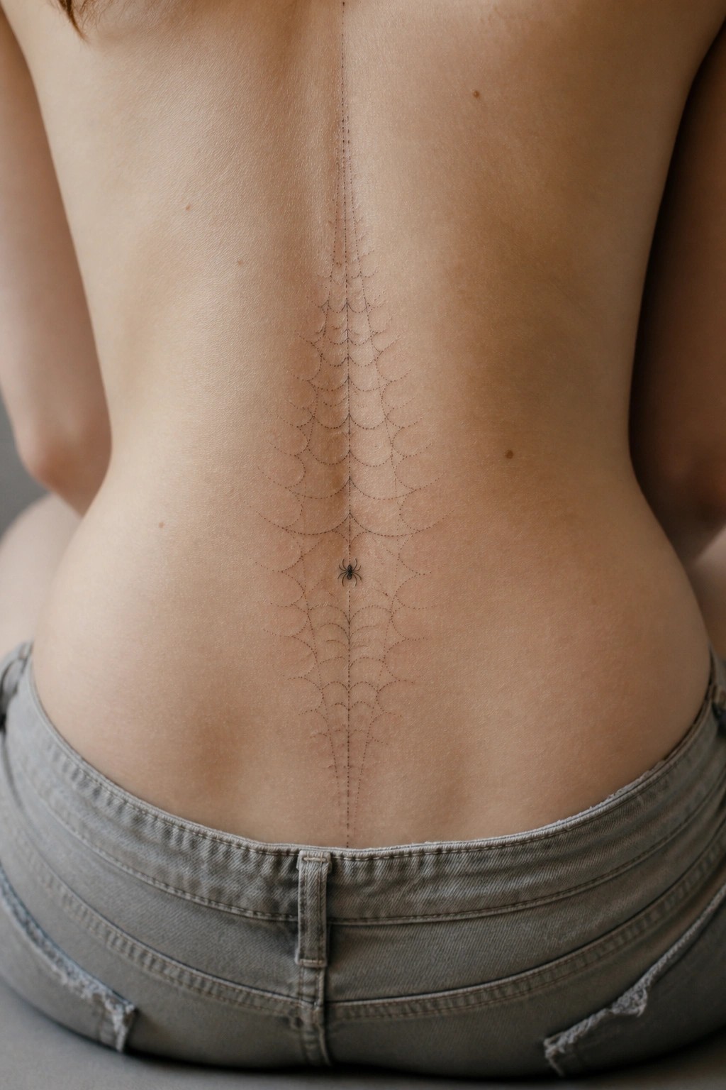 Bare back with spiderweb tattoo down spine above gray jeans.