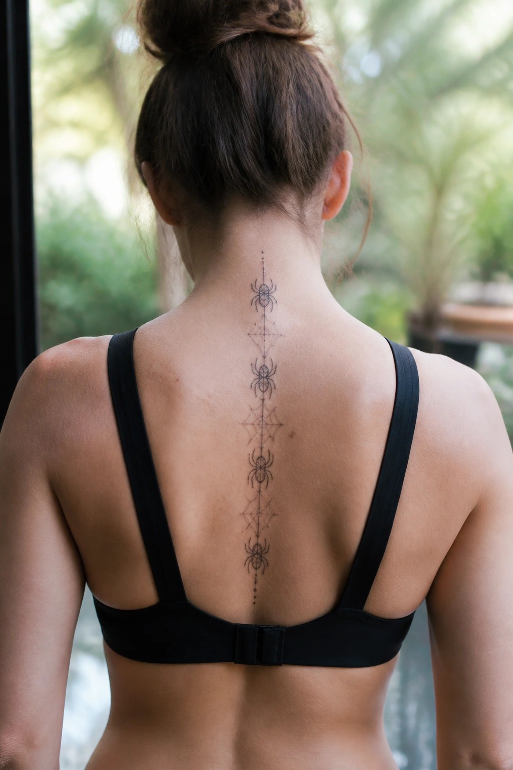 Fine line black tattoo of spiders and geometric webs running vertically along a woman's spine