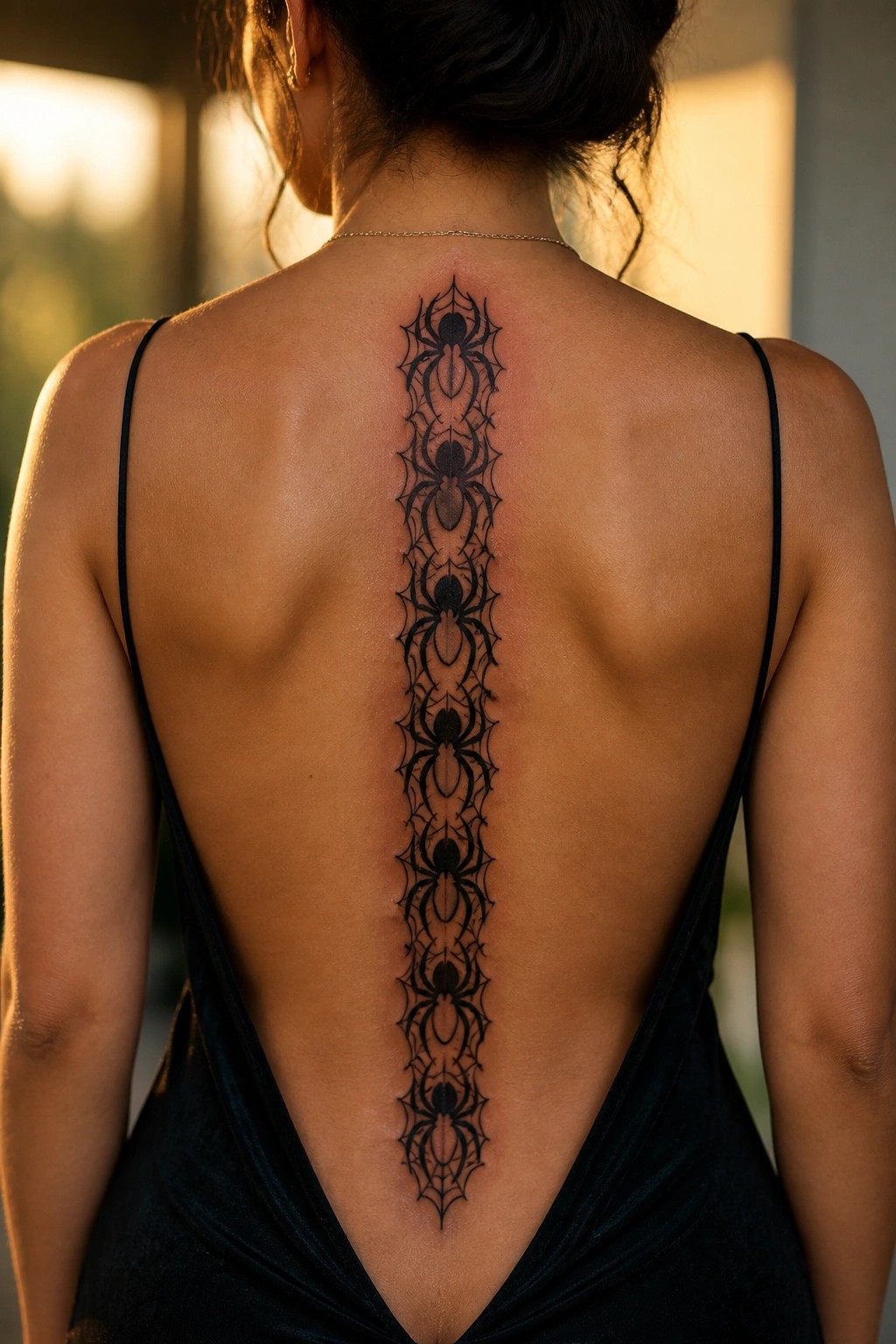 Woman's back in black dress with vertical spider-web tattoo along spine